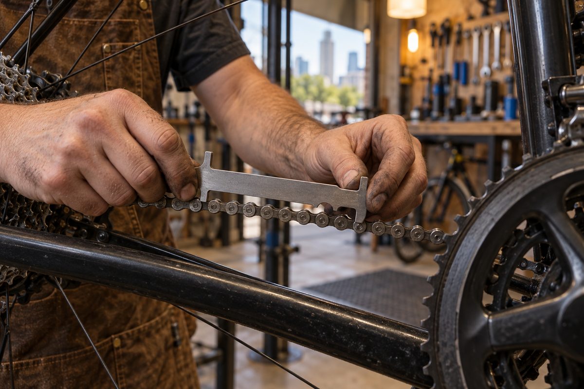 Hands checking a road bike chain for wear with a chain checker tool