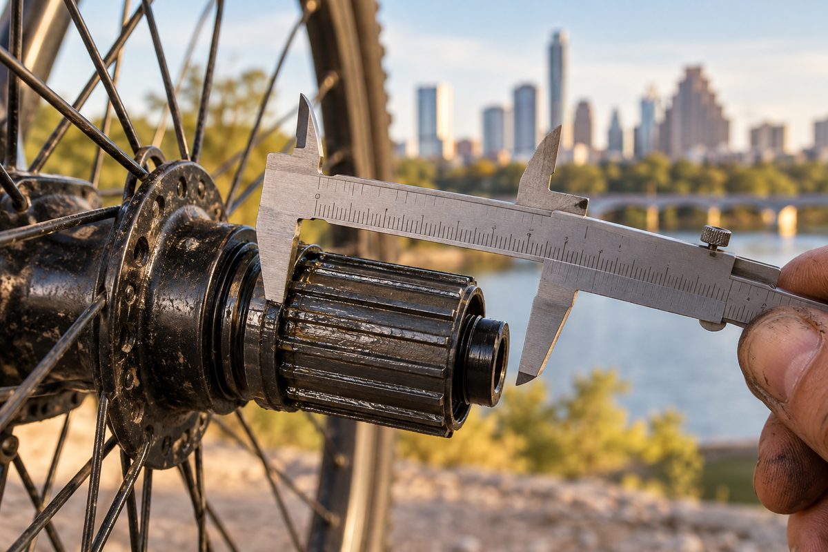 Vernier caliper measuring a splined freehub body on a rear wheel