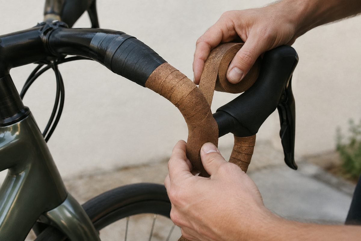 Hands wrapping brown cork bar tape onto a drop handlebar