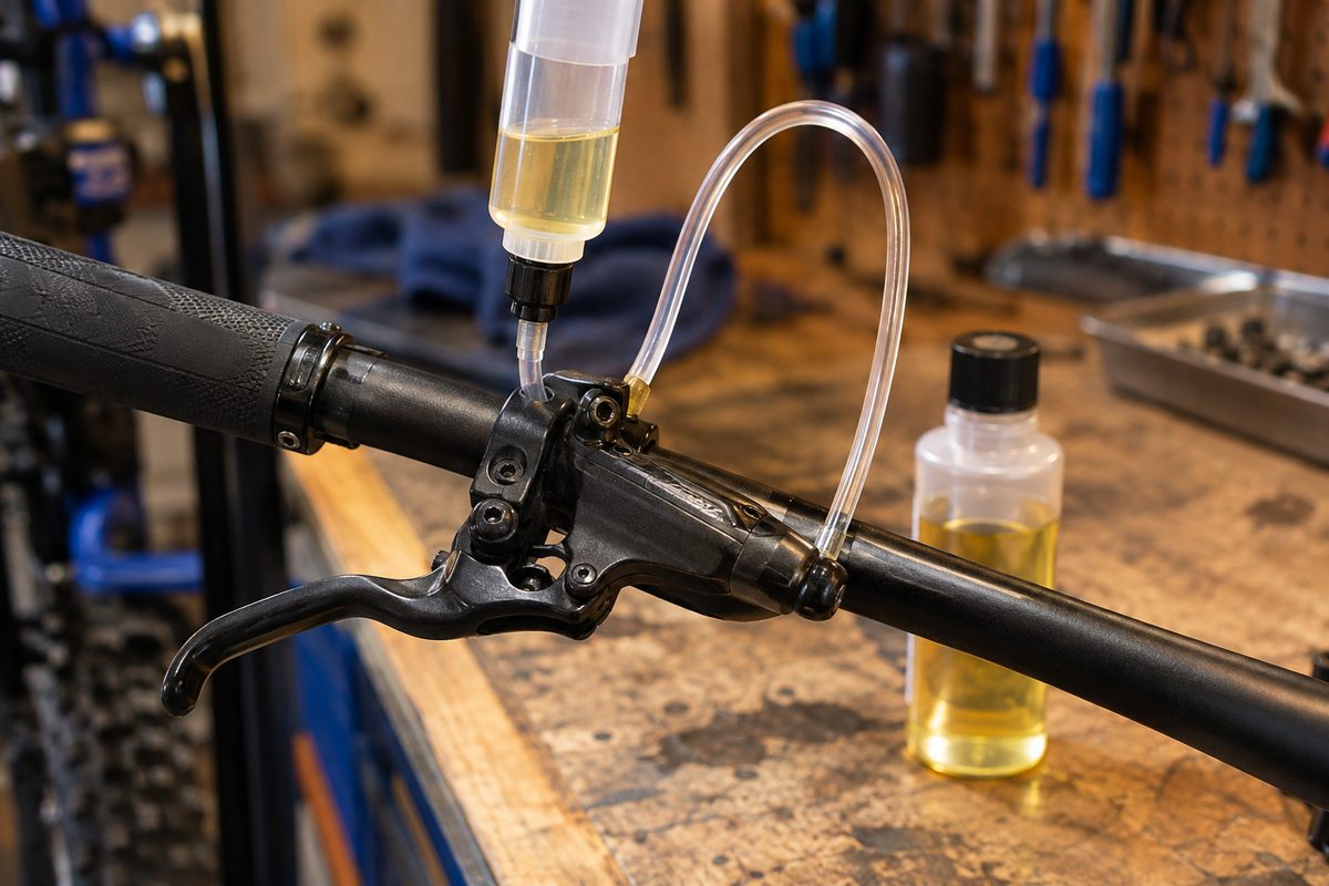 Hydraulic brake lever with bleed syringe attached on a workbench