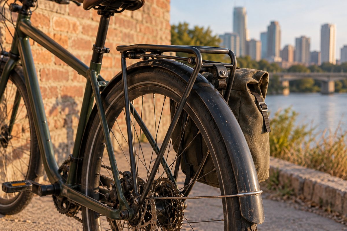 Commuter bike rear with full-length fender and alloy rack
