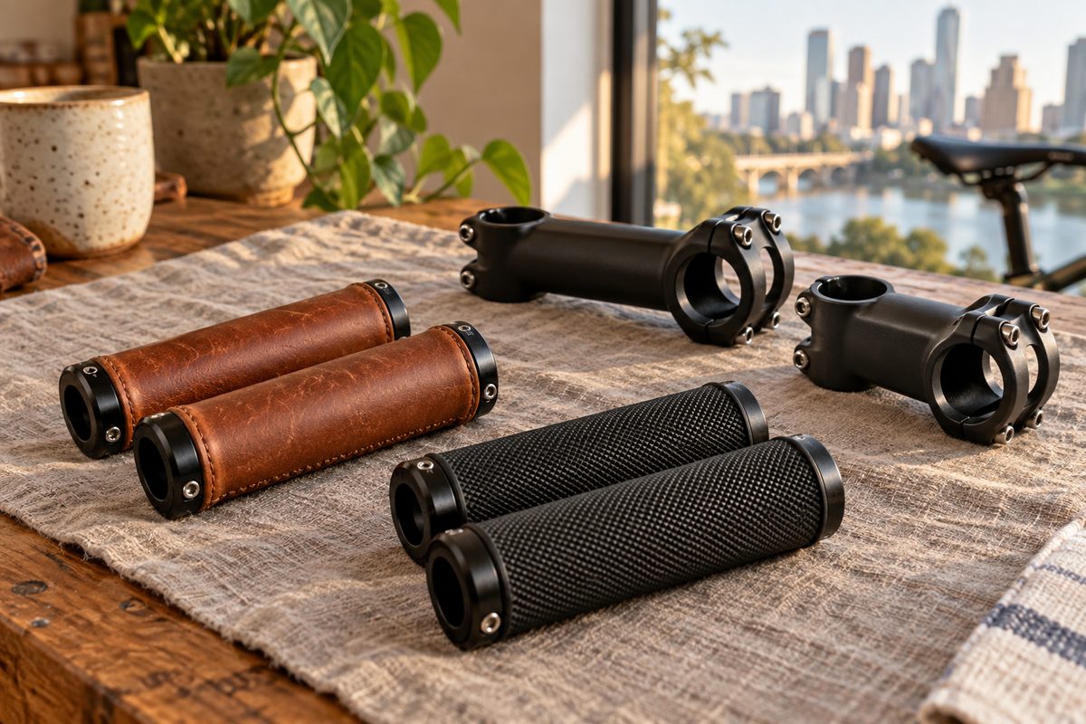 Leather and rubber bike grips beside two alloy stems