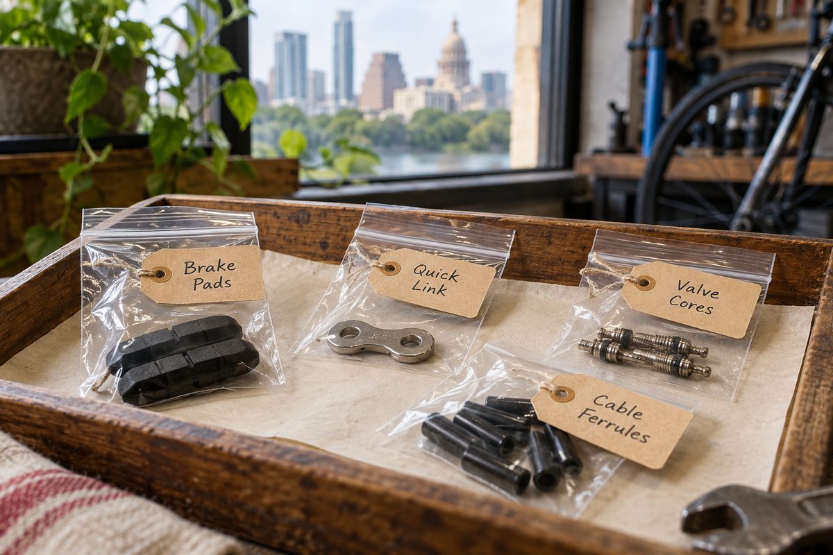 Small bicycle parts in tagged bags in a wooden tray, ready to ship